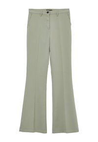 Pantaloni svasati verde chiaro realizzati in tessuto morbido, con zip frontale, chiusura a bottone e tasche laterali. Design pulito e minimale.
