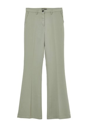 Pantaloni svasati verde chiaro realizzati in tessuto morbido, con zip frontale, chiusura a bottone e tasche laterali. Design pulito e minimale.