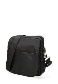 Borsa a tracolla nera realizzata in nylon e pelle sintetica, con scomparto principale con zip, tasca frontale con zip e tracolla regolabile.