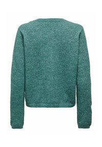 Zaļš trikotāžas džemperis ar apaļu kakla izgriezumu un garām piedurknēm. Mīksta tekstūra, viegli saritināts izskats un brīvs siluets.