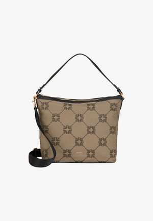 Khaqiová krosbody taška s černými akcenty, s geometrickým vzorem a zlatými kovovými prvky. Nastavitelný popruh a zipové uzavírání na vrchu.