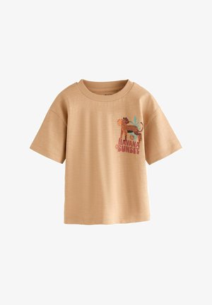 Béžové tričko s krátkym rukávom a okrúhlym výstrihom, s potlačou leopardieho vzoru, farebných rastlín a textom "Havana Sunset" na hrudi.