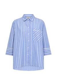 Camicia a righe blu e bianche con bottoni, taschino sul petto, maniche lunghe e orlo curvo. Realizzata in tessuto leggero con una superficie liscia.