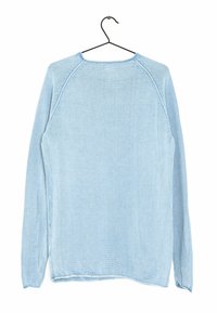 Světlomodrý svetr s dlouhým rukávem a texturovaným pleteným vzorem, s raglánovými rukávy a kulatým výstřihem, zavěšený na černém ramínku.