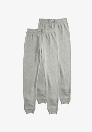 Deux paires de jogging gris en tissu doux, avec une taille élastique et des poignets côtelés aux chevilles.
