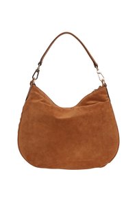 Braune Wildleder-Hobo-Tasche mit geschwungener Form und einem einzelnen Schulterriemen, ausgestattet mit silberfarbenen Details und einem Reißverschluss.