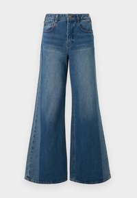Wijduitlopende spijkerbroek in donkerblauwe wash, met een hoge taille, vijf zakken en een klassieke knoopsluiting. Glad oppervlak met minimale vervaging.