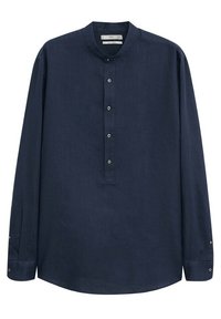 Camicia di lino blu navy con colletto a banda, patta con bottoni e maniche lunghe con polsini abbottonati. Texture liscia e vestibilità comoda.