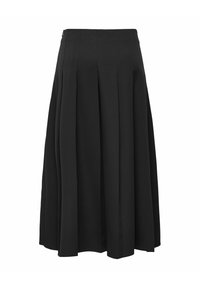 Jupe plissée noire longueur genou avec taille haute et fermeture éclair latérale, en tissu lisse.