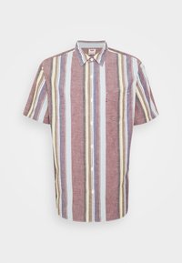 Chemise à manches courtes de couleur bordeaux avec des rayures verticales multicolores. Dotée d'un col boutonné et d'une poche avant. Confectionnée en tissu léger.