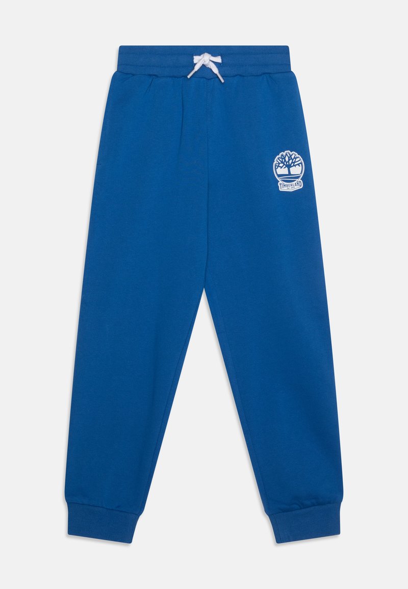 Blauwe katoenen sweatpants met een geribbelde tailleband, een trekkoord en boorden. Bevat een wit Timberland-logo op de linkerdij.