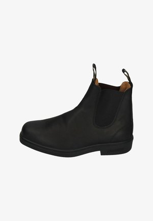 Bottines en cuir noir avec des panneaux élastiques latéraux, bout arrondi, tirants et une semelle en caoutchouc texturée. Finition lisse et mate.