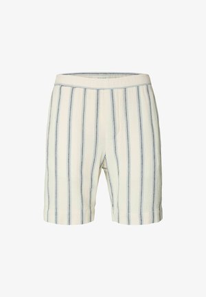 Krém színű rövidnadrág vékony, függőleges kék csíkokkal és elasztikus derékrésszel, texturált anyagból.
