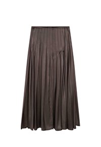 Lång mörkbrun plisserad satin kjol med A-linjeform och dragkedjestängning på sidan.