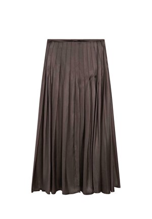 Jupe plissée en satin brun foncé, de coupe A-line, avec une fermeture éclair sur le côté.