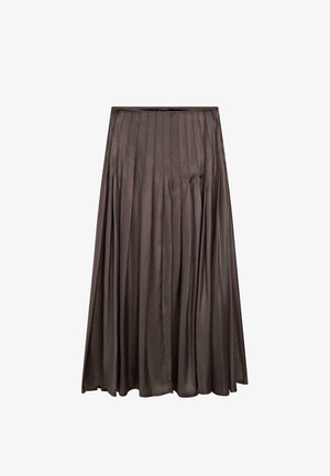 Dlouhá tmavě hnědá saténová plisovaná sukně s A-liniovým střihem a bočním zipem.