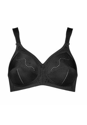Soutien-gorge noir avec armatures en tissu texturé, détails brodés et coutures décoratives. Équipé de bretelles réglables et d'une fermeture à trois crochets au dos.