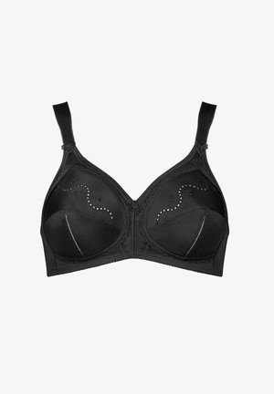 Soutien-gorge noir avec armatures en tissu texturé, détails brodés et coutures décoratives. Équipé de bretelles réglables et d'une fermeture à trois crochets au dos.