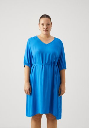 Blue, short-sleeved dress made of smooth fabric, featuring a V-neck, elastic cuffs, and a tied waist detail for shape and fit.