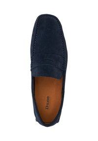 Dark blue suede loafers with stitched detailing, a smooth rounded toe, and a leather inner sole, branded "Dune" on the insole.