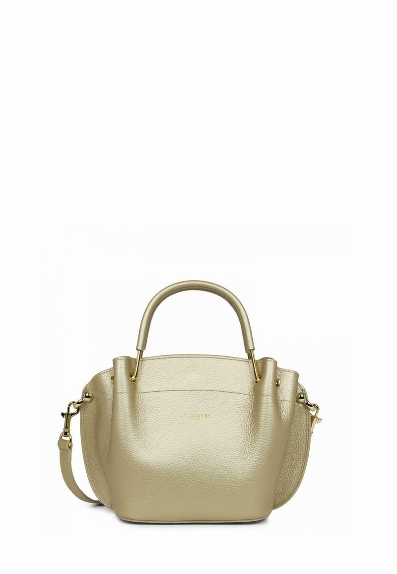 Sac à main en cuir doré avec deux poignées et une bandoulière amovible. Forme arrondie, texture lisse et logo subtil à l'avant.