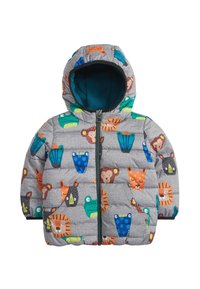 Quilted, gray children's jacket featuring a colorful animal print of lions, frogs, and tigers, with a teal hood and zipper closure.