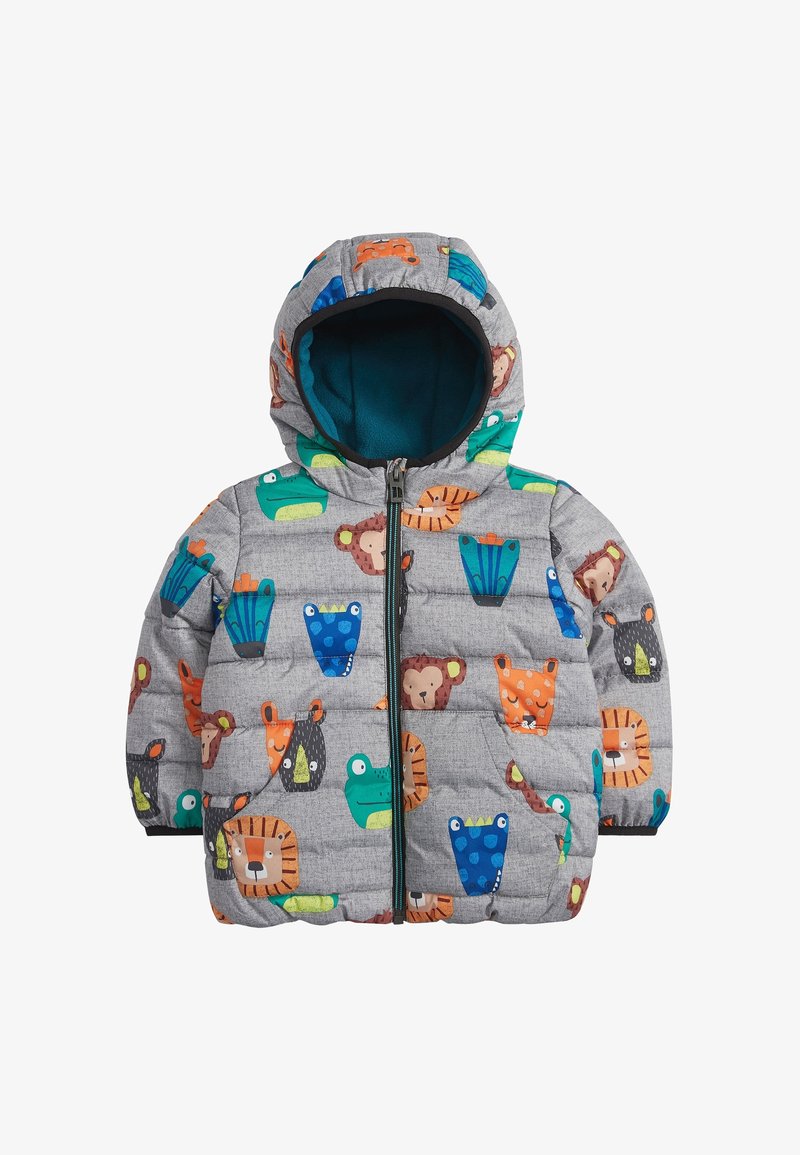 Quilted, gray children's jacket featuring a colorful animal print of lions, frogs, and tigers, with a teal hood and zipper closure.