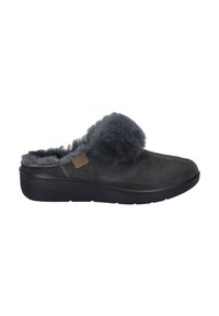 Gray suede slip-on shoe with a fluffy fur accent on the upper, featuring a cushioned black rubber sole and visible stitching details.