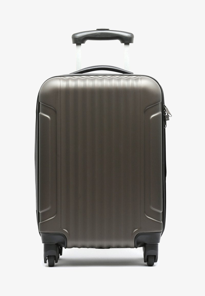 Hard-shell cabin suitcase in a dark grey finish with a textured surface, featuring a telescopic handle and four black wheels for mobility.
