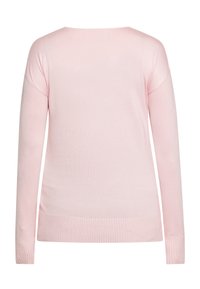 Helles rosa Sweater mit langen Ärmeln, rundem Halsausschnitt und geripptem Saum. Weiche Textur, nahtlose Schultern und simples Design.