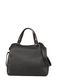 Sac en cuir noir texturé avec double poignées, bandoulière amovible, et un petit charme drapeau italien sur l'une des poignées.