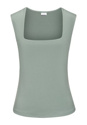 Light green sleeveless top with a square neckline. Made from a smooth, stretchy material. Features a fitted design and subtle texture.