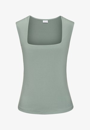 Top sans manches vert clair avec un décolleté carré. Fabriqué à partir d'un matériau lisse et extensible. Présente un design ajusté et une texture subtile.