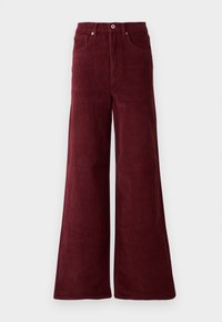 Pantalon en velours côtelé taille haute à jambes larges, rouge foncé, avec poches avant et fermeture par boutons.
