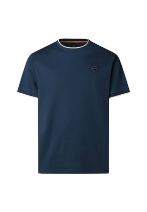 Marineblaue kurzärmelige T-Shirt mit weißem Besatz am Kragen und an den Ärmeln, kleines schwarzes, diamantförmiges Logo auf der Brust.