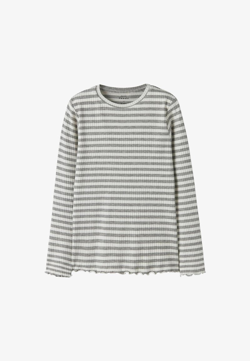 Ilga rankovė marškinėliai pagaminti iš minkštos, raukšlėtos medžiagos su keičiasi pilkos ir baltos spalvų juostomis. Apvalus iškirpimas su banguotu apatiniuoju kraštu.