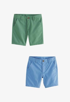 Grønne og blå shorts lavet af bomuld. Funktioner omfatter sidelommer, knaplukning og kontrasterende syninger. Glat tekstur og afslappet pasform.