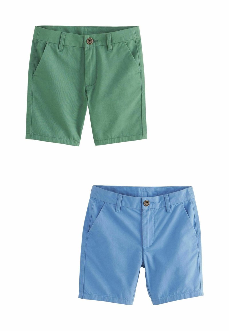 Shorts verts et bleus en coton. Les caractéristiques comprennent des poches latérales, une fermeture à bouton et des coutures contrastantes. Texture lisse et coupe décontractée.