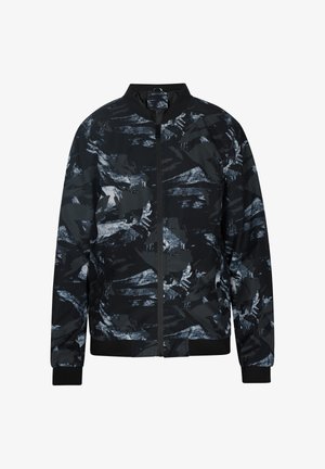 Fekete bomber dzseki absztrakt szürke és kék mintával, bordás mandzsettákkal és aljjal, elülső cipzárral és állógallérral. Simító, könnyű anyag.