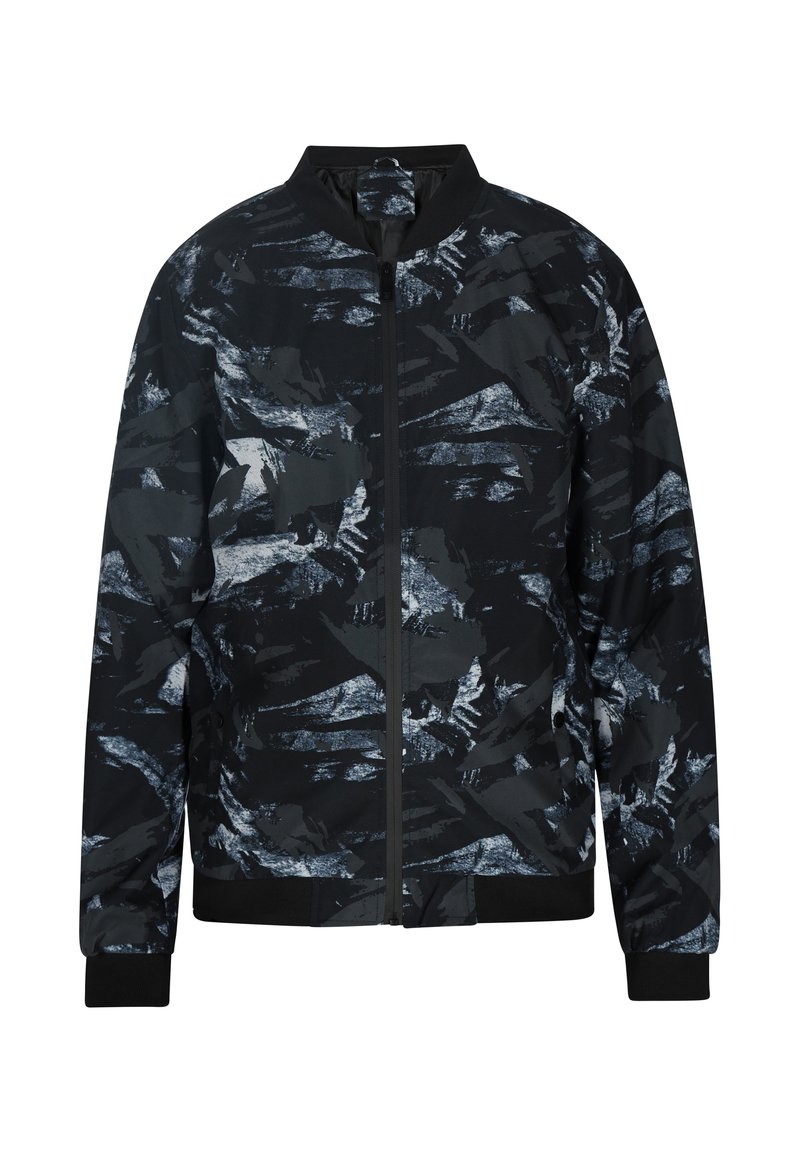 Zwarte bomberjack met abstract grijs en blauw patroon, geribbelde manchetten en zoom, ritssluiting aan de voorkant en een staande kraag. Glad, lichtgewicht materiaal.