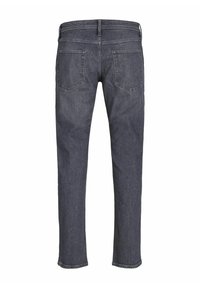 Jeans gris foncé avec une coupe droite, dotés de deux poches arrière et d'une ceinture. Le tissu présente une texture subtile.