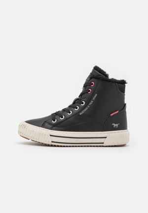 Black high-top sneakers made of synthetic leather, featuring a fur-lined collar, red accents, metal eyelets, and a textured rubber sole.