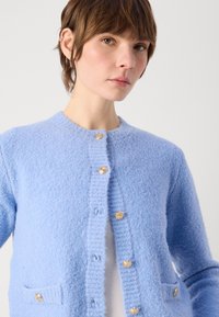 Hellblau, strukturierte Strickjacke aus weichem Material. Verfügt über einen runden Ausschnitt, sechs goldene Knöpfe und Fronttaschen.