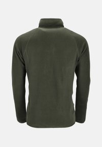 Mørkegrøn fleecepullover med høj krave, lange ærmer og raglan-ærmedesign. Blød tekstur uden synlige mønstre eller hardware.