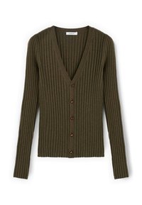 Olivgrön stickad cardigan med V-hals, med förlängda ärmar och sex runda mörka knappar fram. Mjuk tygtextur.