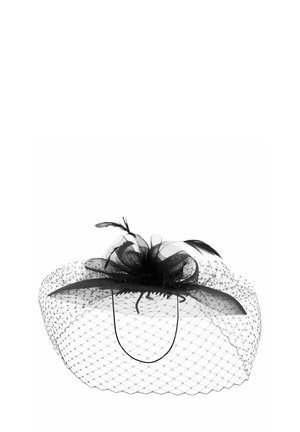 Black mesh fascinator hat with decorative netting, loops, feathers, and a fine hexagonal veil extending outward.