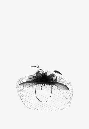 Black mesh fascinator hat with decorative netting, loops, feathers, and a fine hexagonal veil extending outward.