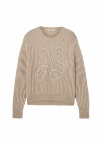 Pulover tricotat bej deschis cu guler rotund, cu un model texturat "AS" pe partea din față și tiv cropped.
