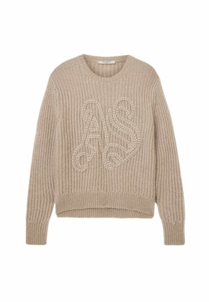 Maglione lavorato a maglia color beige chiaro con scollo tondo, caratterizzato da un motivo "AS" in rilievo sulla parte anteriore e orlo corto a vita alta.