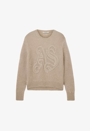 Világos bézs színű kötött pulóver kerek nyakkivágással, elöl texturált "AS" mintával és rövidített alsó szegéllyel.